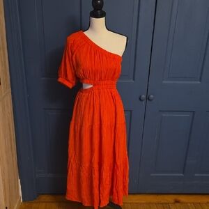 NWOT THML One-Shoulder Red Tiered Maxi Dress with Side Cutout Lined Sz Small